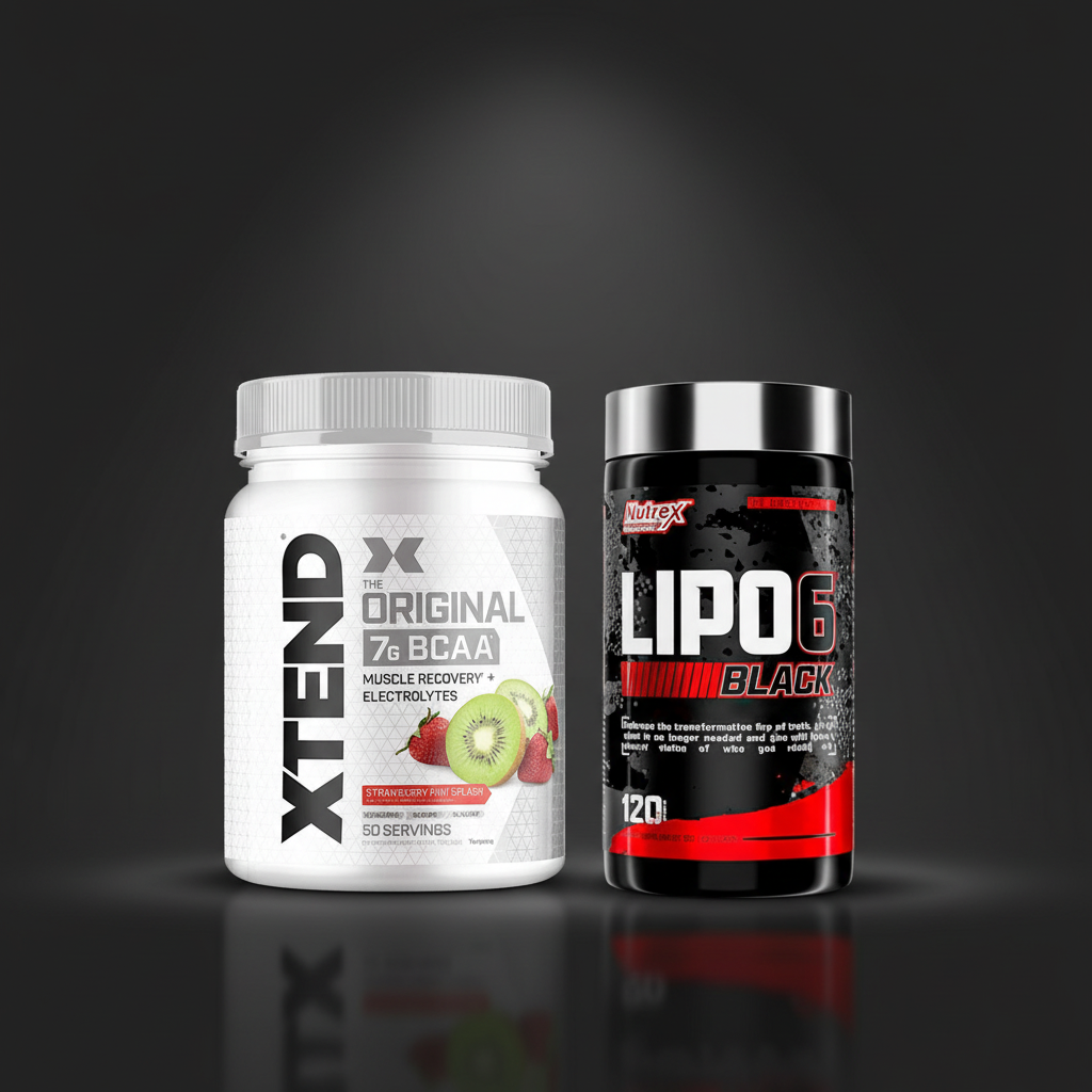 Stack Definición Lipo 6 Black UC y Xtend BCAAs en fotografía de estudio con fondo oscuro e iluminación dramática — combo de suplementos para definición muscular disponible en México | PROTE,INC.