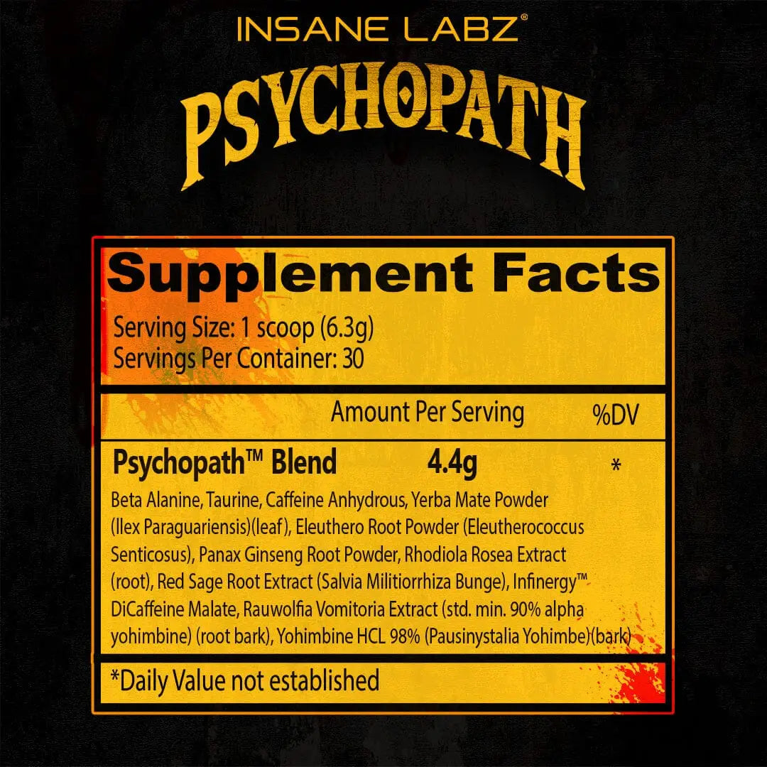 Etiqueta amarilla y negra del suplemento pre entrenamiento insane labz psychopath con hechos nutricionales en la parte trasera