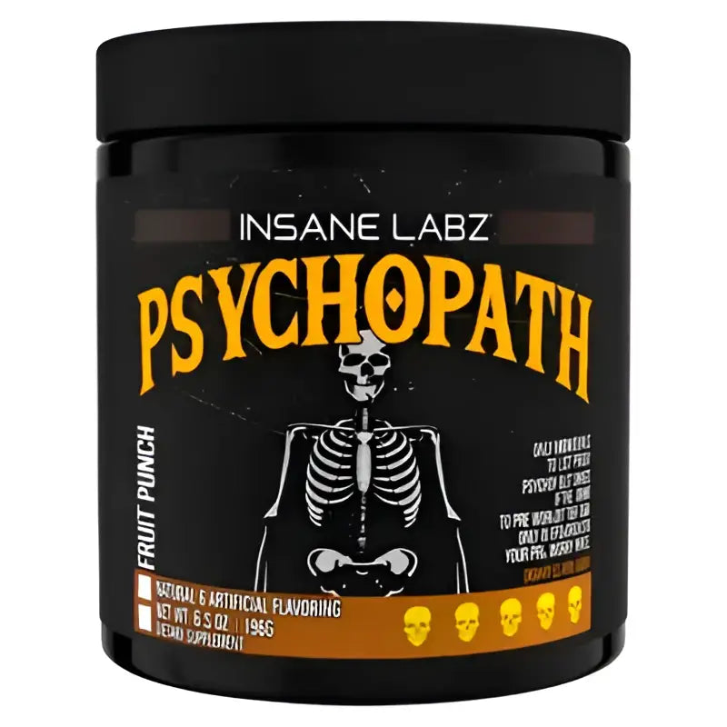 Envase cilíndrico negro con tapa con texto en amarillo y naranja insane labz psychopath y gráfico de esqueleto suplemento pre entrenamiento entrenamiento insane labz de 30 servicios