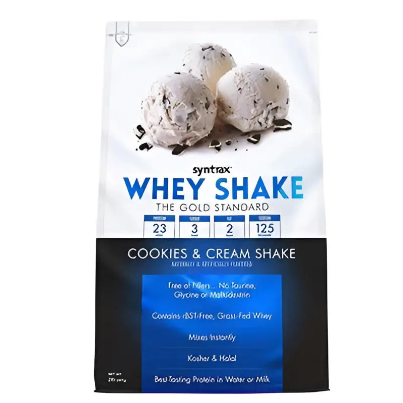 Syntrax whey shake proteína de suero de leche en empaque blanco y azul sabor cookies y cream para aumentar masa muscular