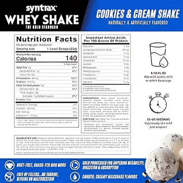 Paquete azul y blanco de proteína syntrax whey shake sabor cookies and cream con información nutricional para aumentar masa muscular