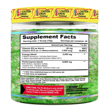 Etiqueta nutrimental de Terror Labz Maniac pre entreno